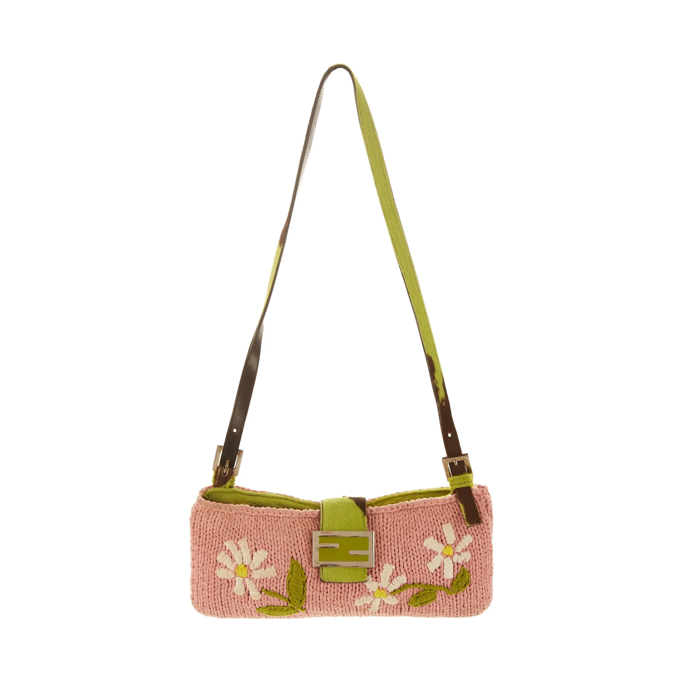 Fendi Pink Knit Floral Crossbody Baguette