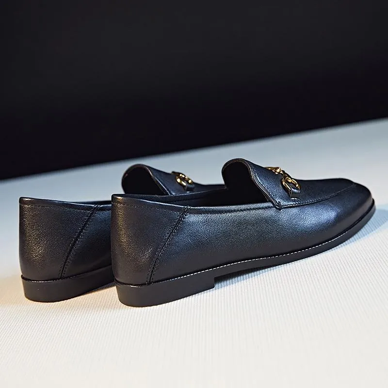 Flats Basic Shoes Women Loafers Cow Leather Metal Decoration
