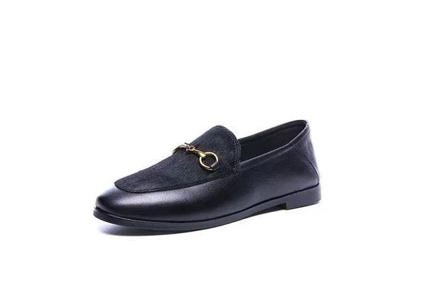 Flats Basic Shoes Women Loafers Cow Leather Metal Decoration