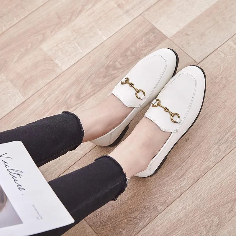 Flats Basic Shoes Women Loafers Cow Leather Metal Decoration