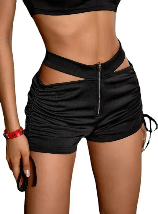 FlauntFever High Waist Cut-Out Zip-Up Ruched Shorts