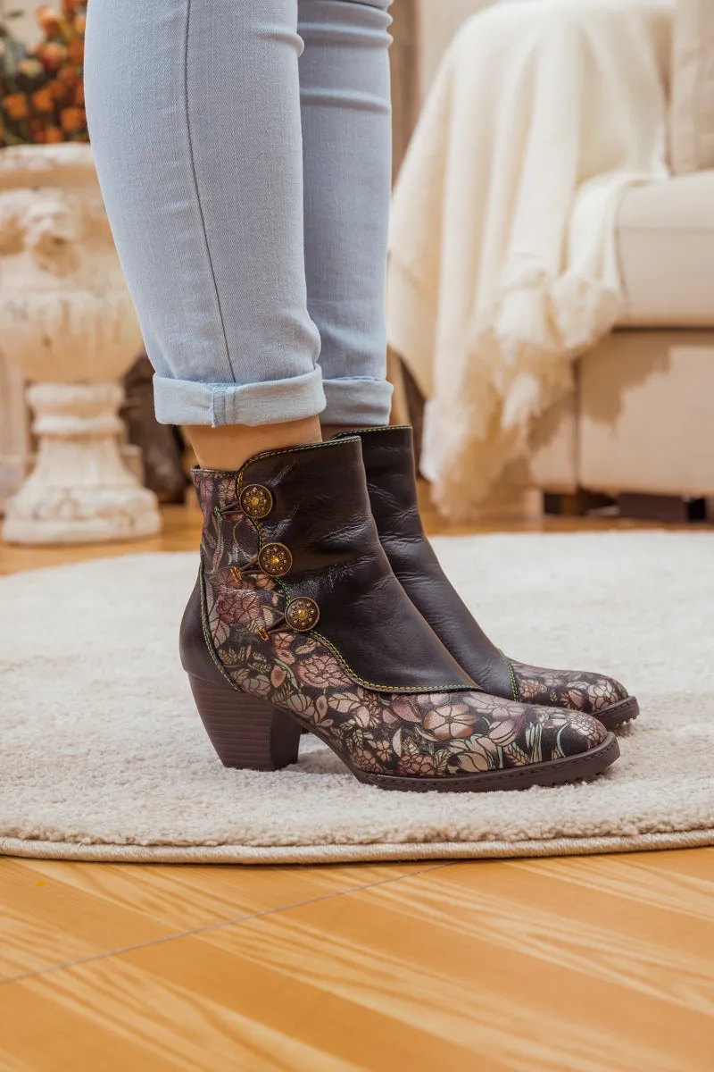 Floral Button-Accent Black Leather Ankle Boot