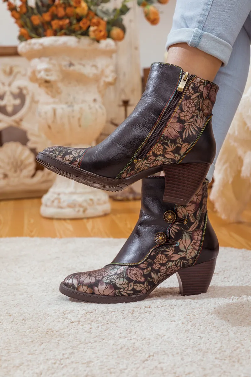 Floral Button-Accent Black Leather Ankle Boot