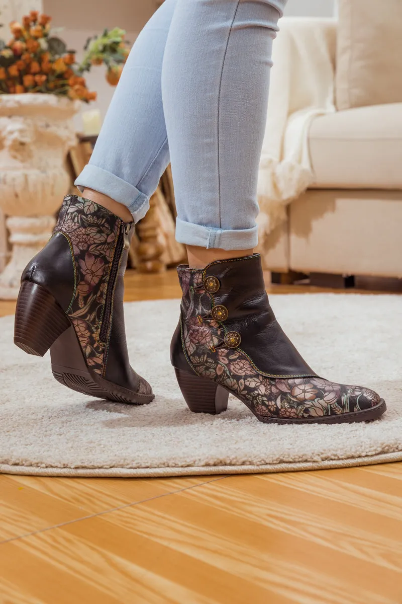 Floral Button-Accent Black Leather Ankle Boot