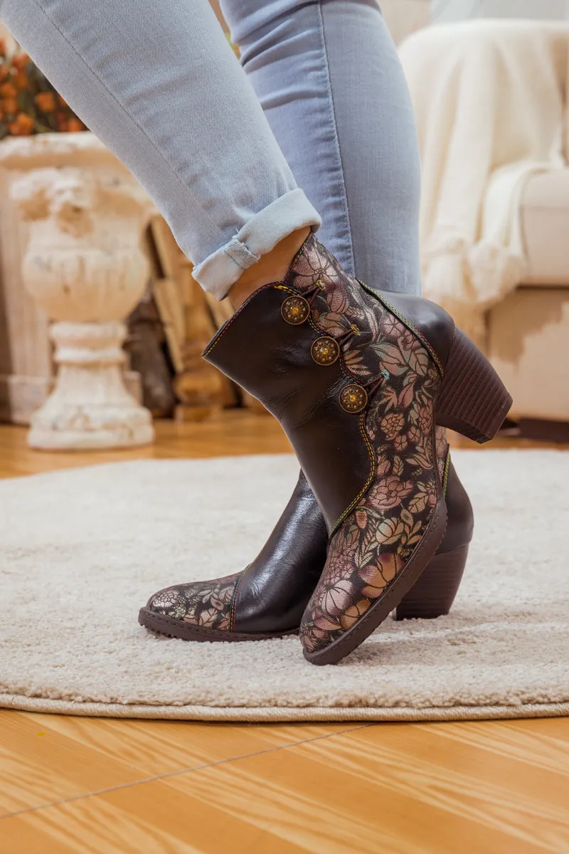 Floral Button-Accent Black Leather Ankle Boot