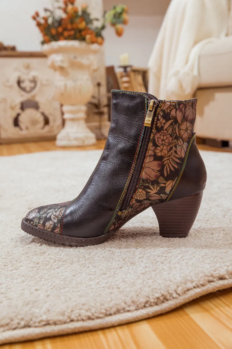 Floral Button-Accent Black Leather Ankle Boot