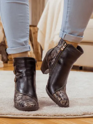 Floral Button-Accent Black Leather Ankle Boot