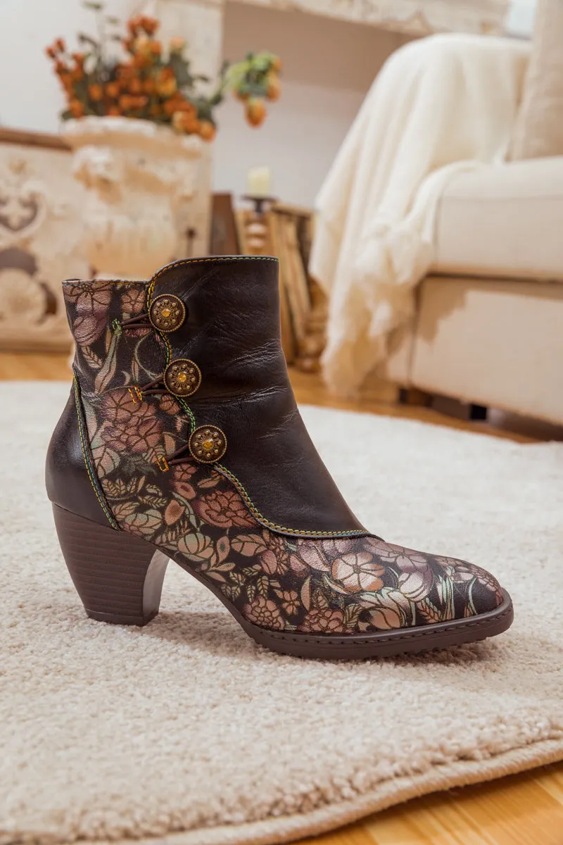 Floral Button-Accent Black Leather Ankle Boot