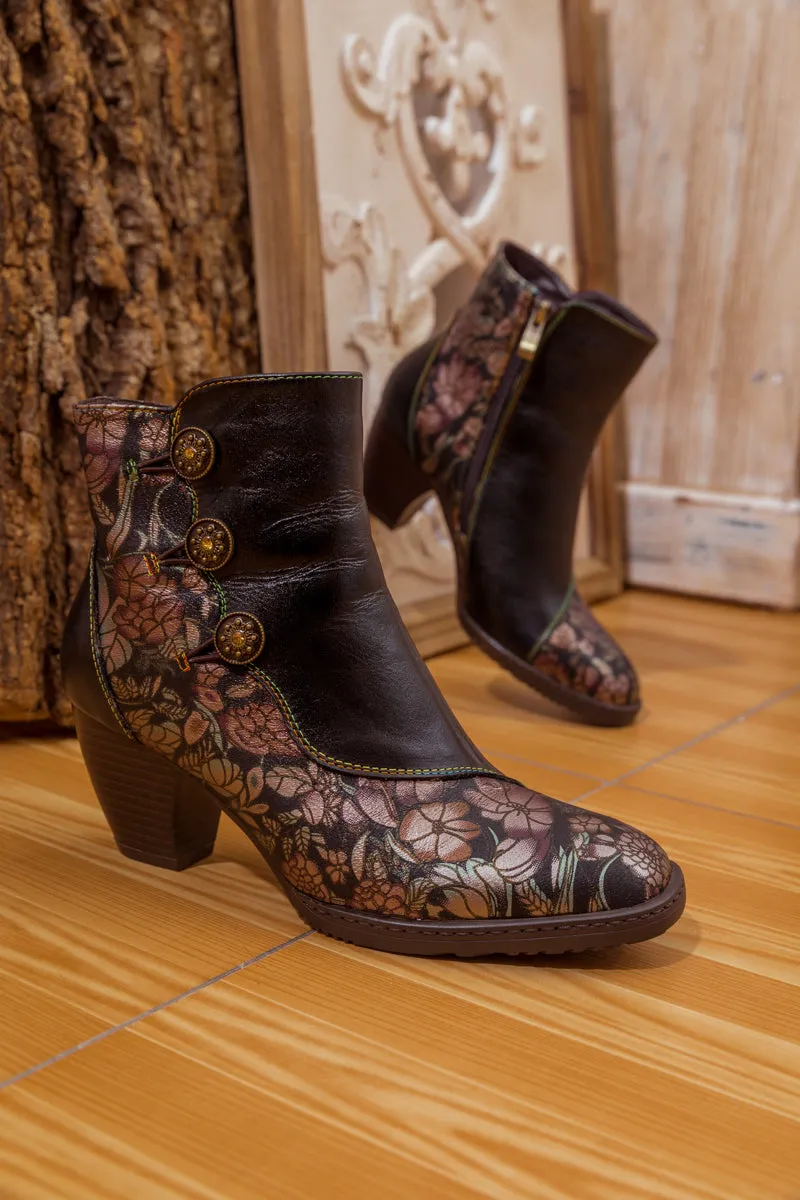 Floral Button-Accent Black Leather Ankle Boot