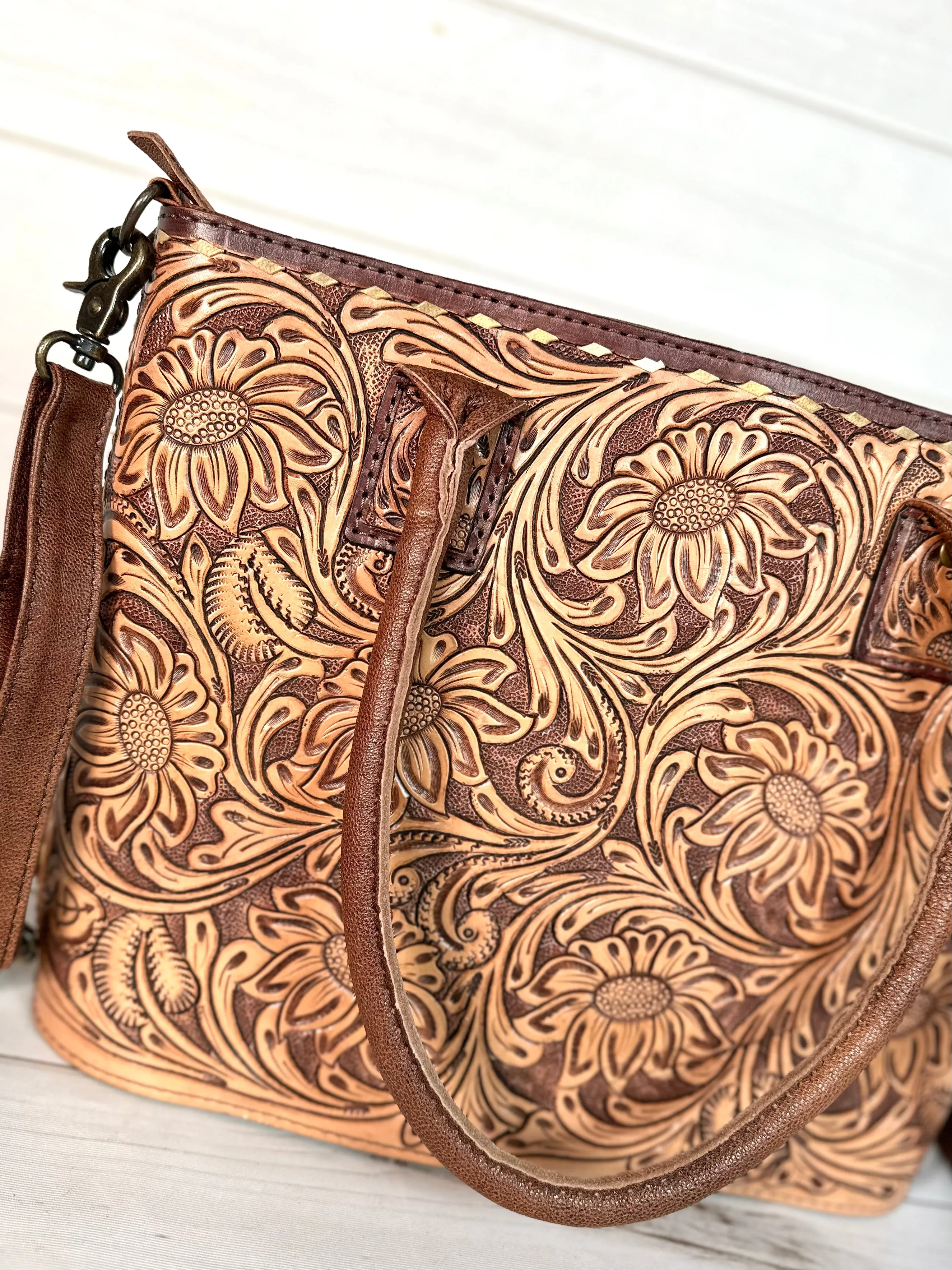 Floral Tooled Buckstitch Leather Tote