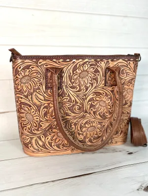 Floral Tooled Buckstitch Leather Tote