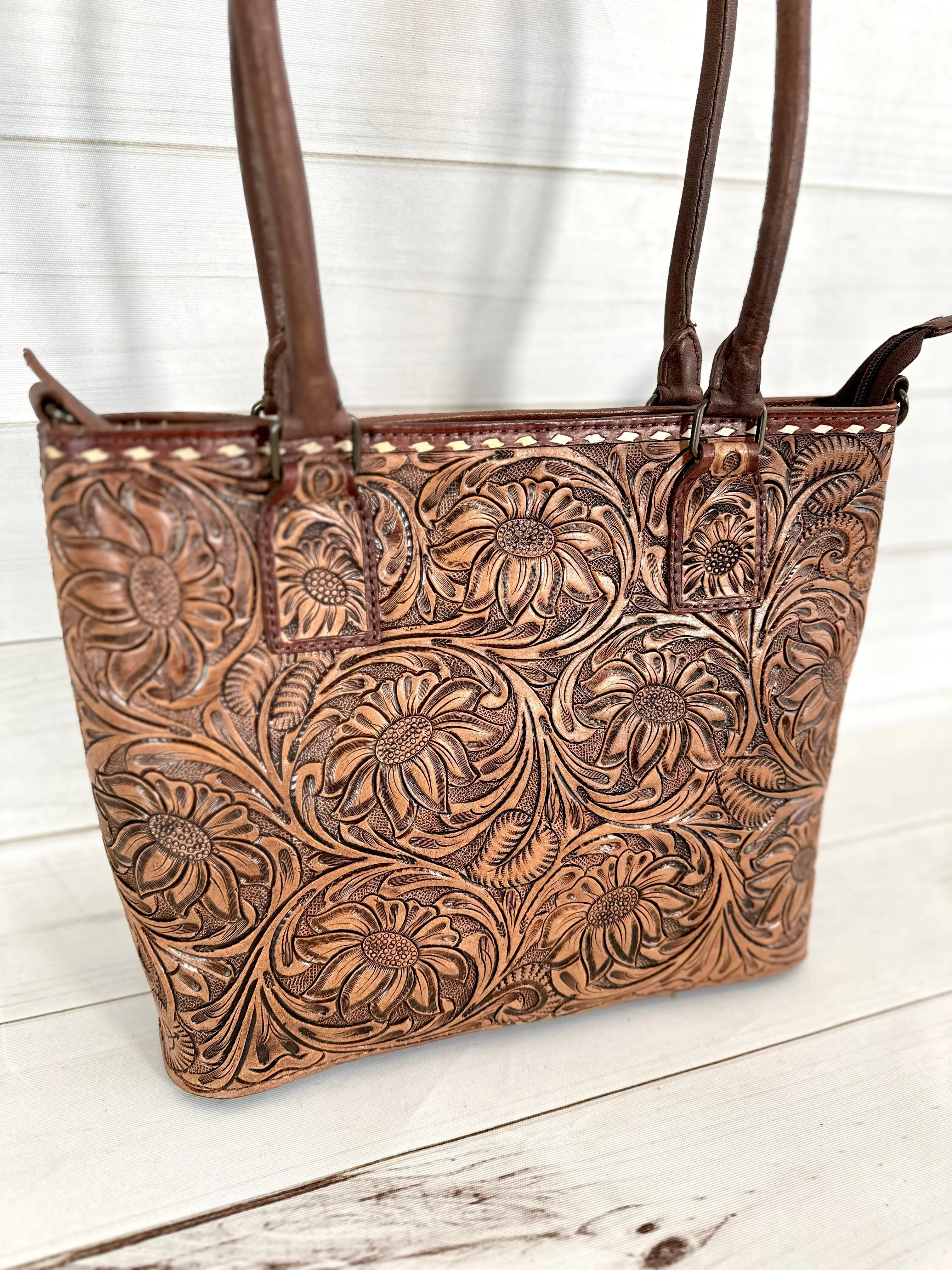Floral Tooled Buckstitch Leather Tote