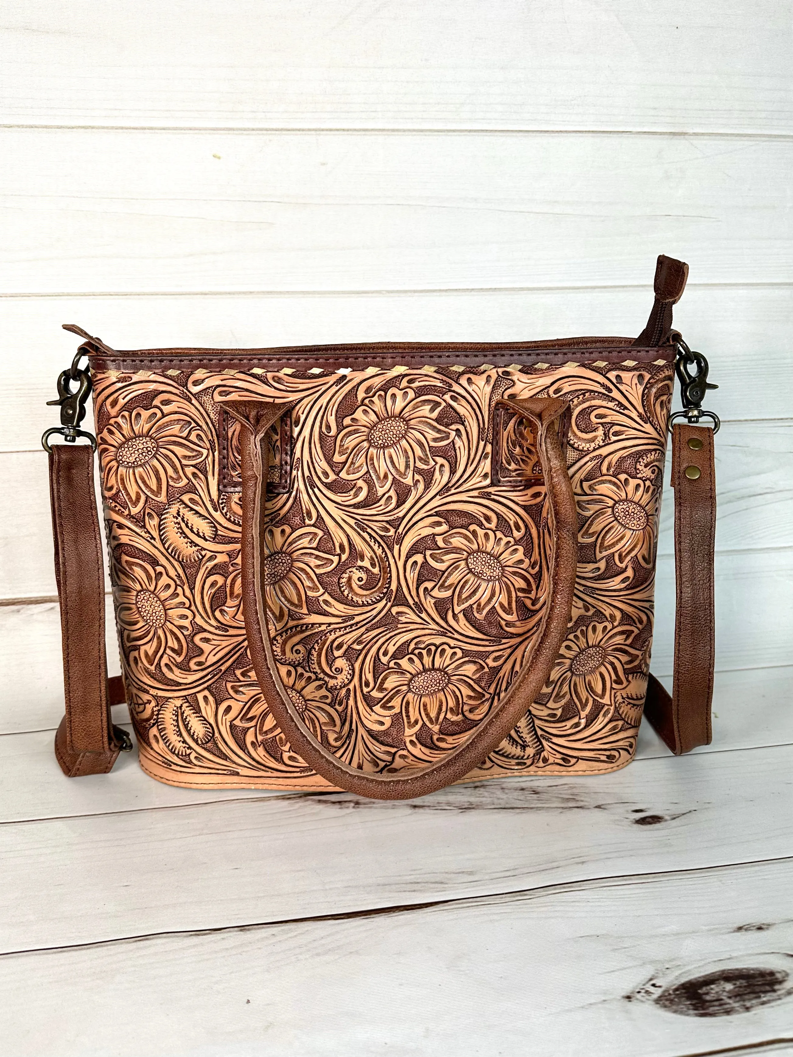 Floral Tooled Buckstitch Leather Tote