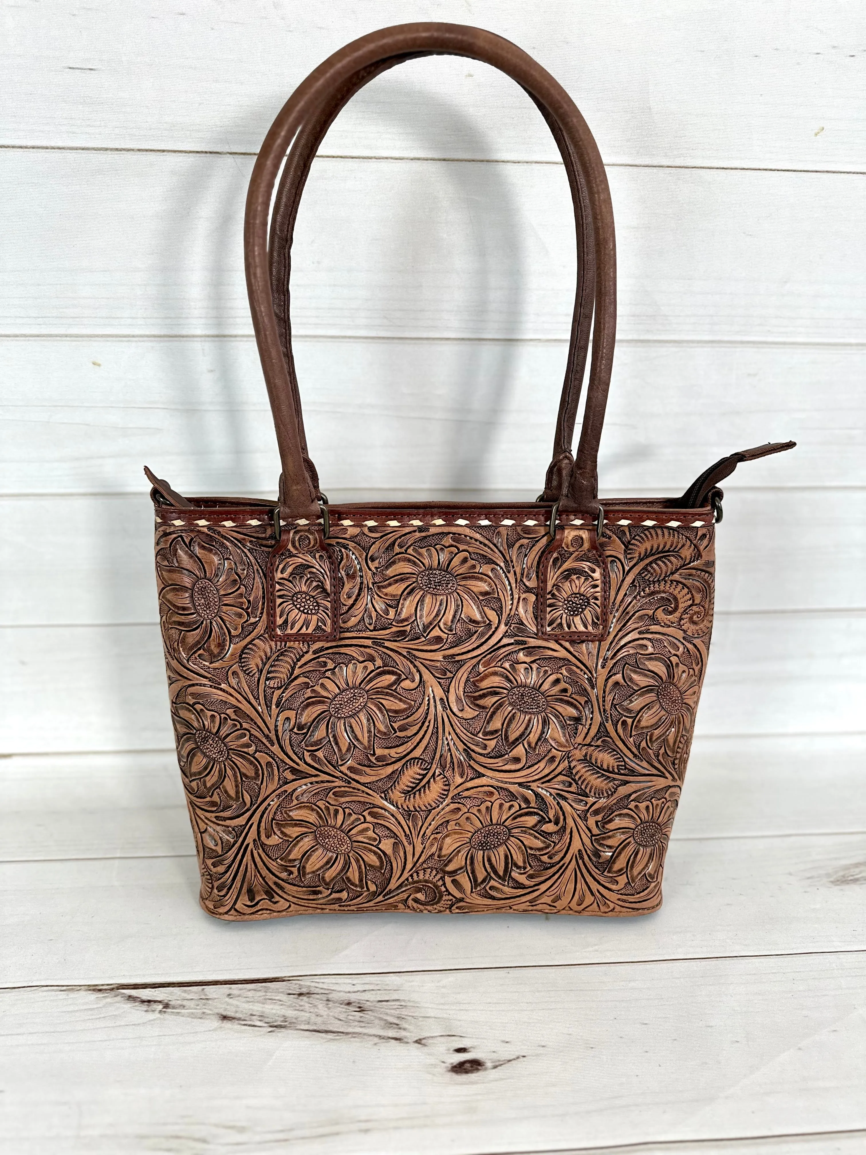 Floral Tooled Buckstitch Leather Tote
