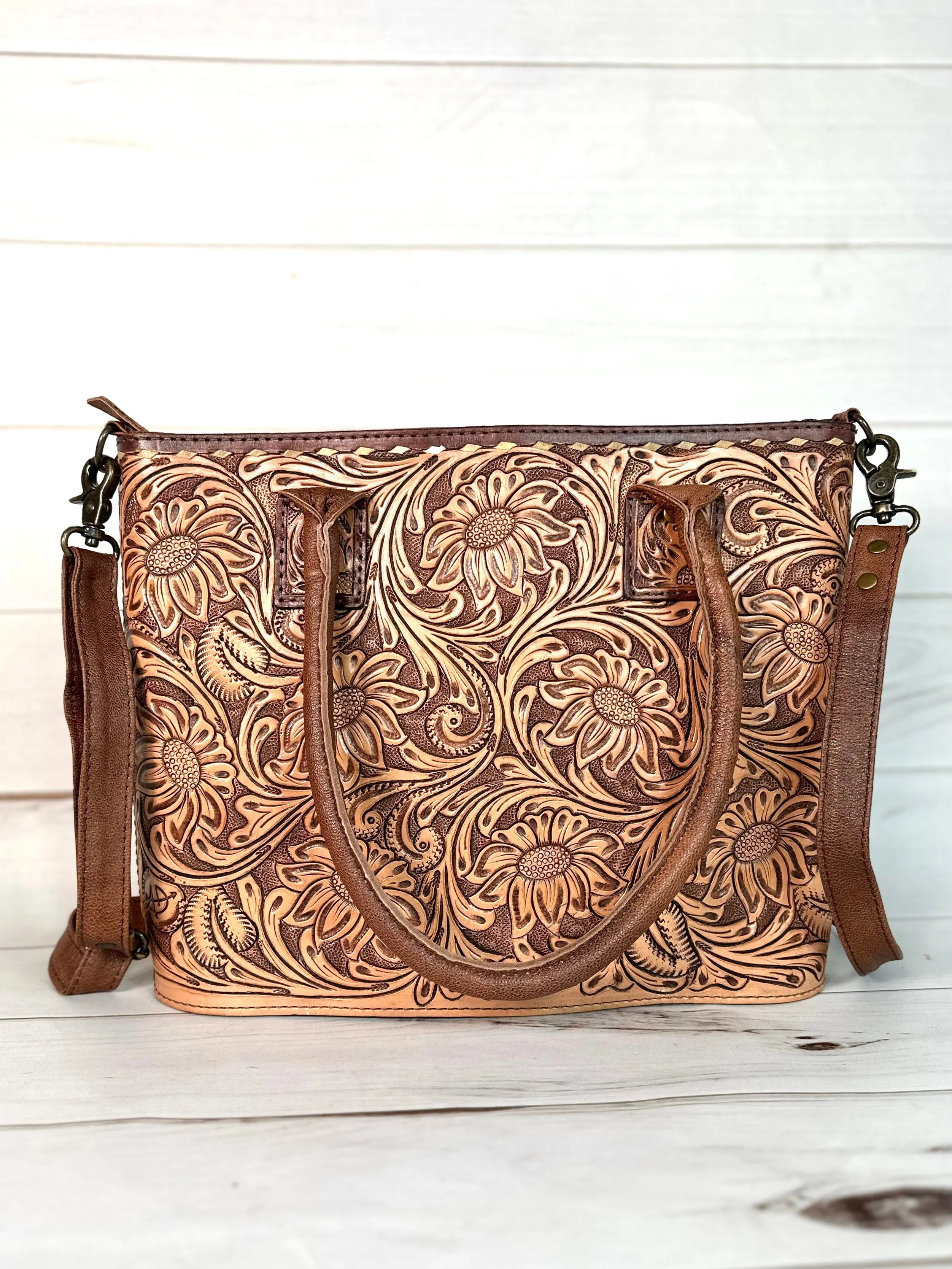 Floral Tooled Buckstitch Leather Tote