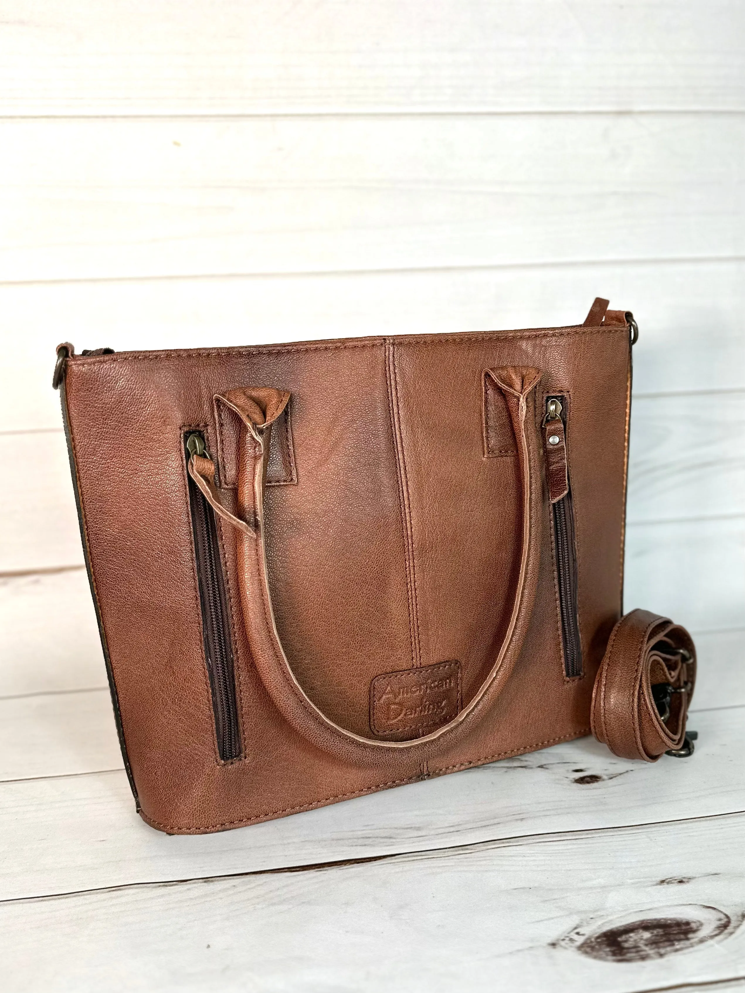 Floral Tooled Buckstitch Leather Tote
