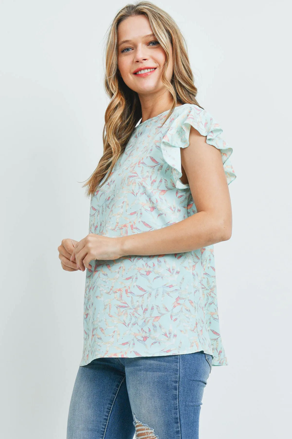 Flutter Sleeve Round Neck Floral Top