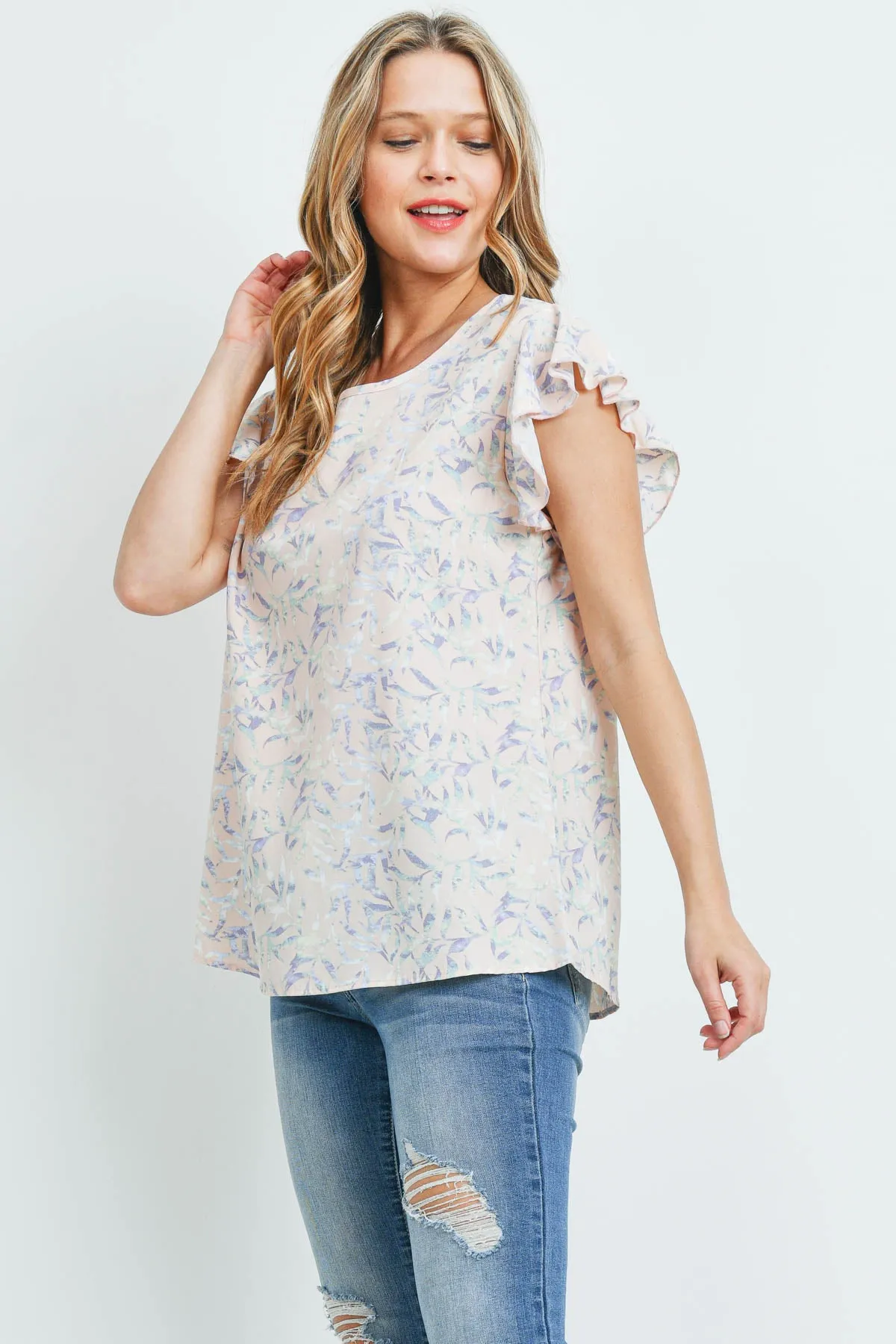 Flutter Sleeve Round Neck Floral Top
