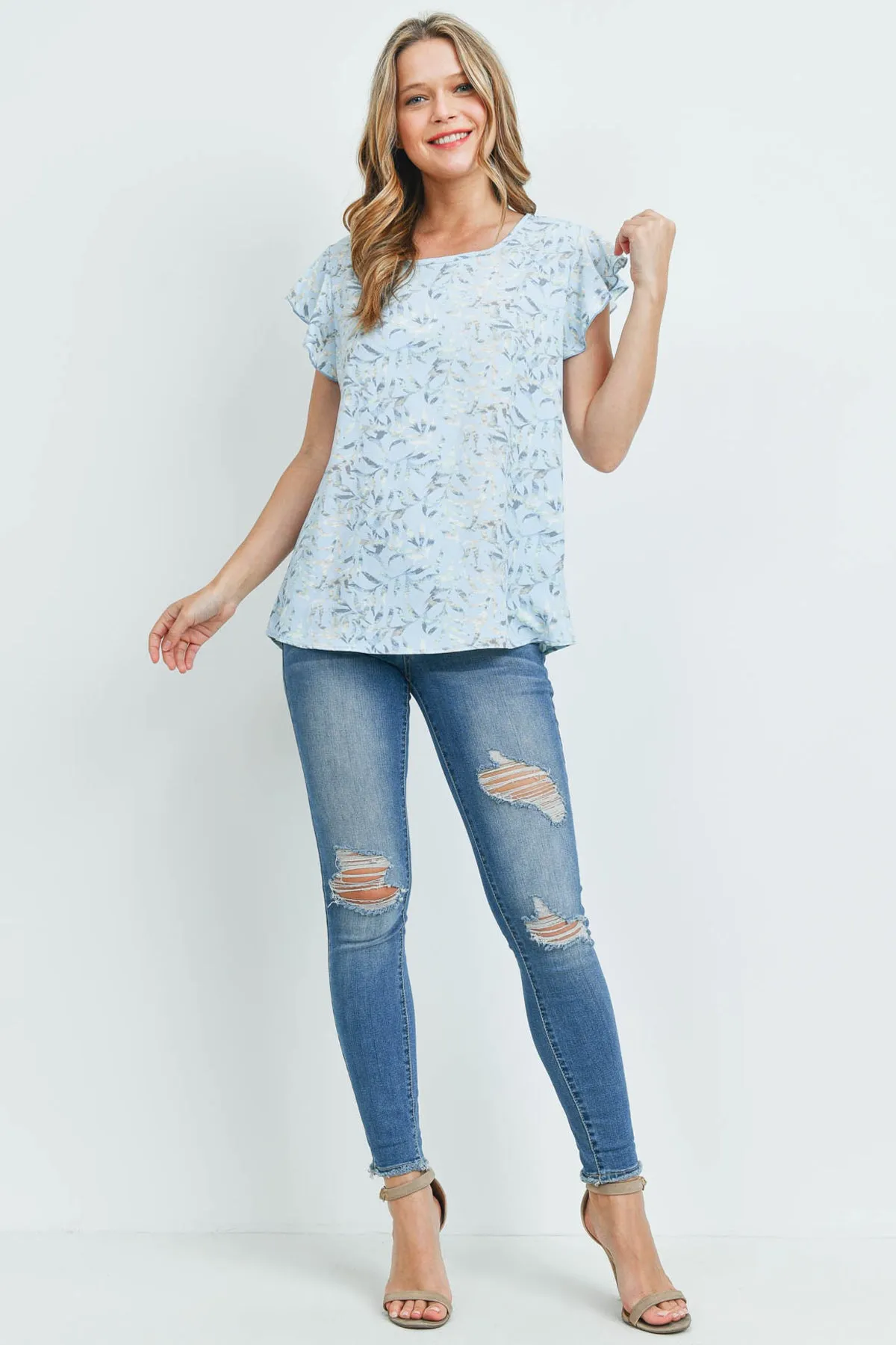 Flutter Sleeve Round Neck Floral Top