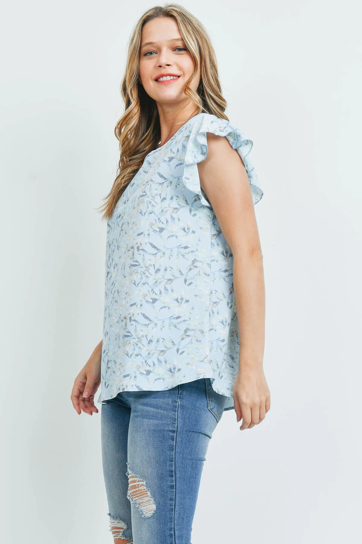 Flutter Sleeve Round Neck Floral Top