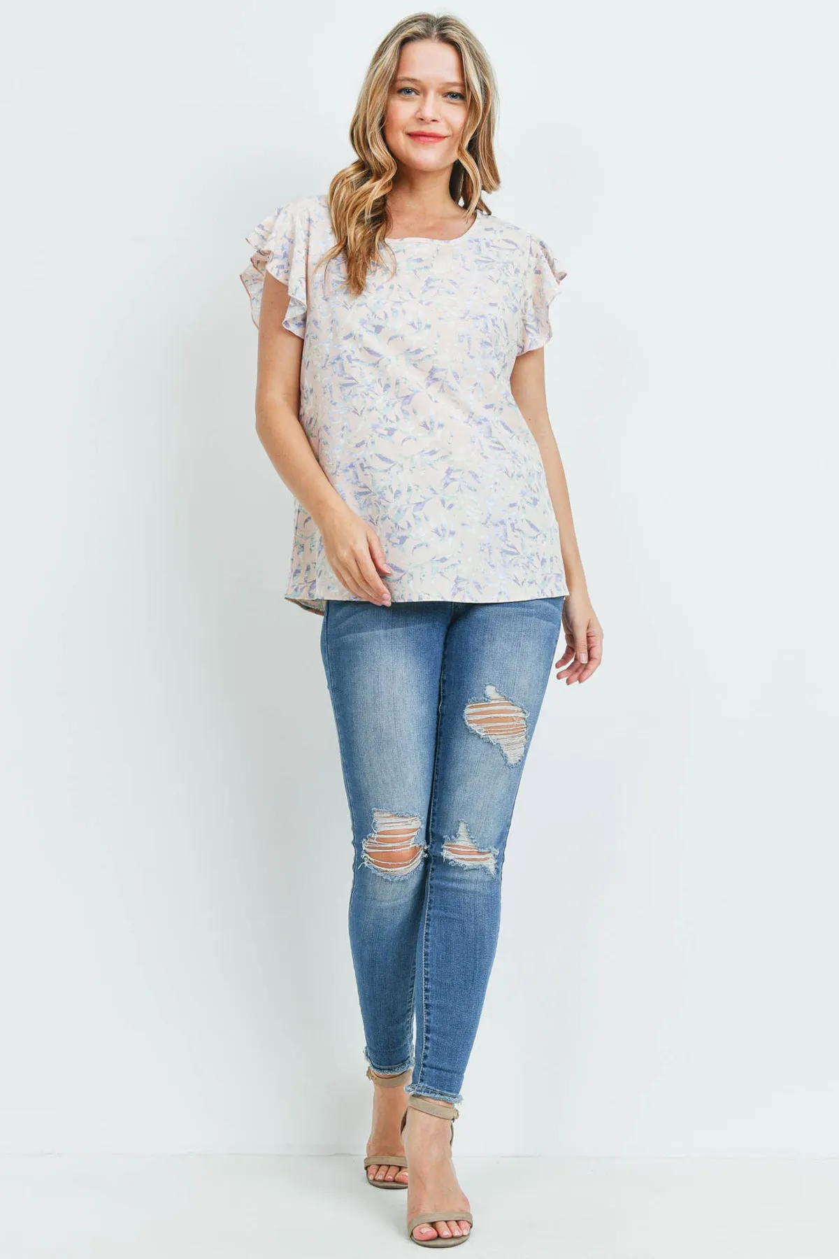 Flutter Sleeve Round Neck Floral Top