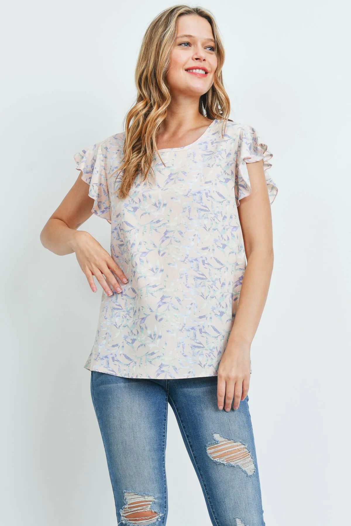 Flutter Sleeve Round Neck Floral Top