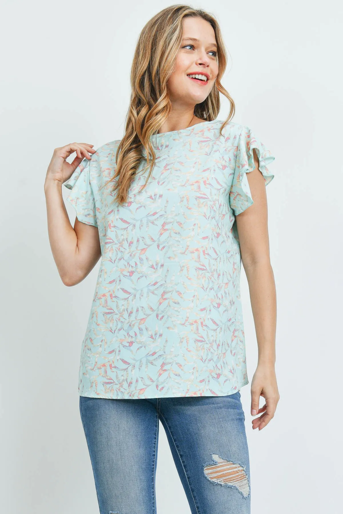 Flutter Sleeve Round Neck Floral Top
