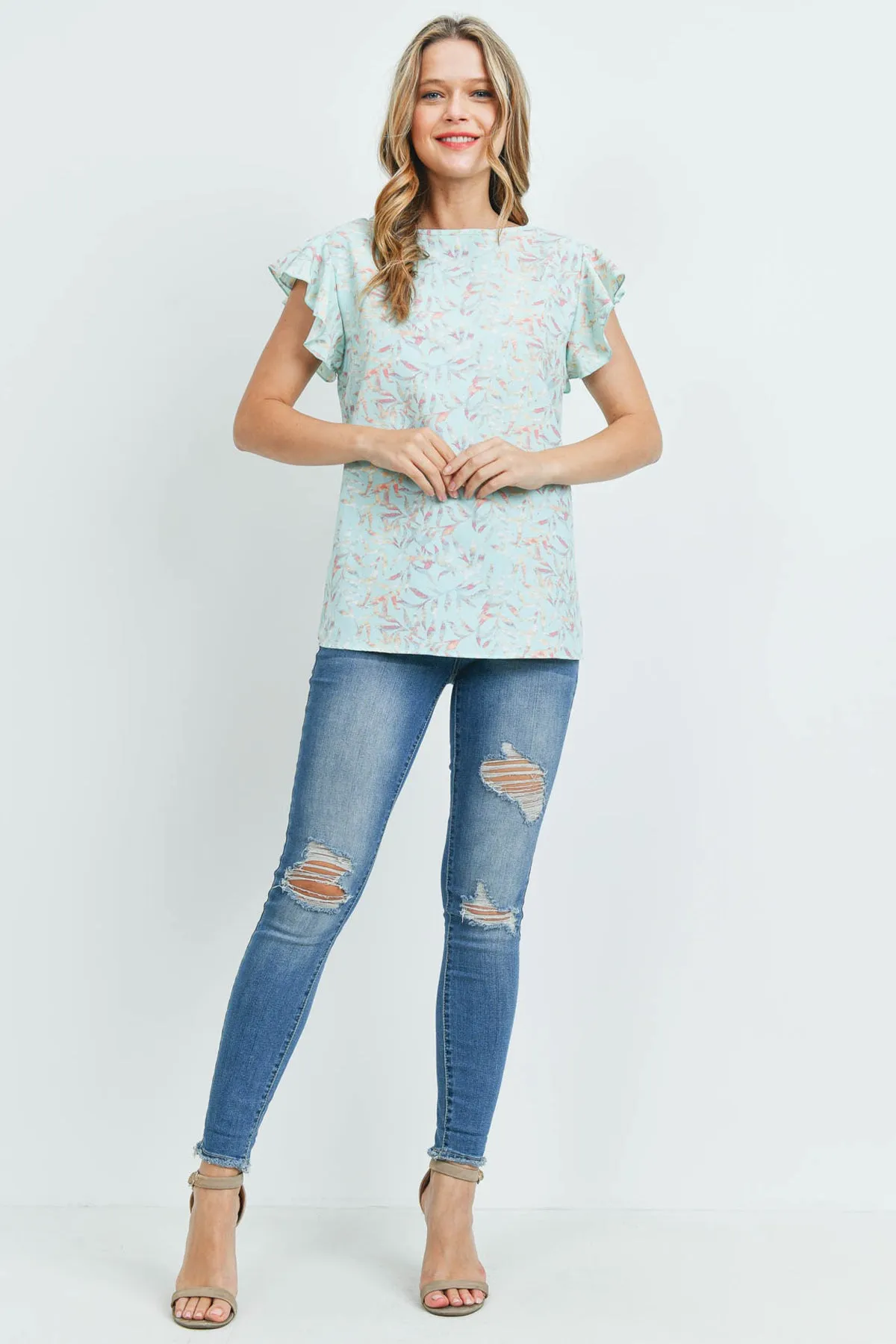 Flutter Sleeve Round Neck Floral Top