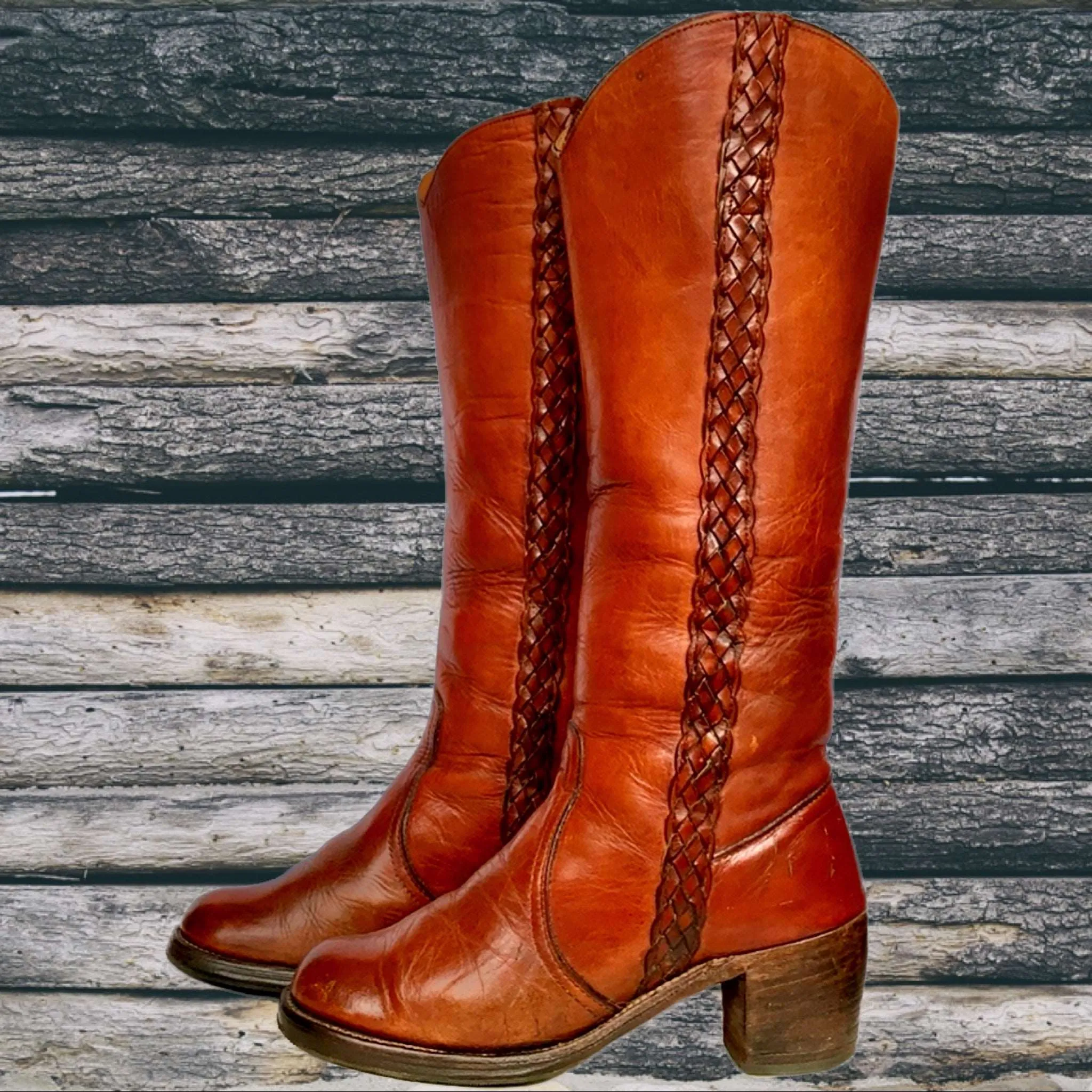 FRYE True Vintage Black Label Tall Knee High Braided Sabrina Campus Brown Boots