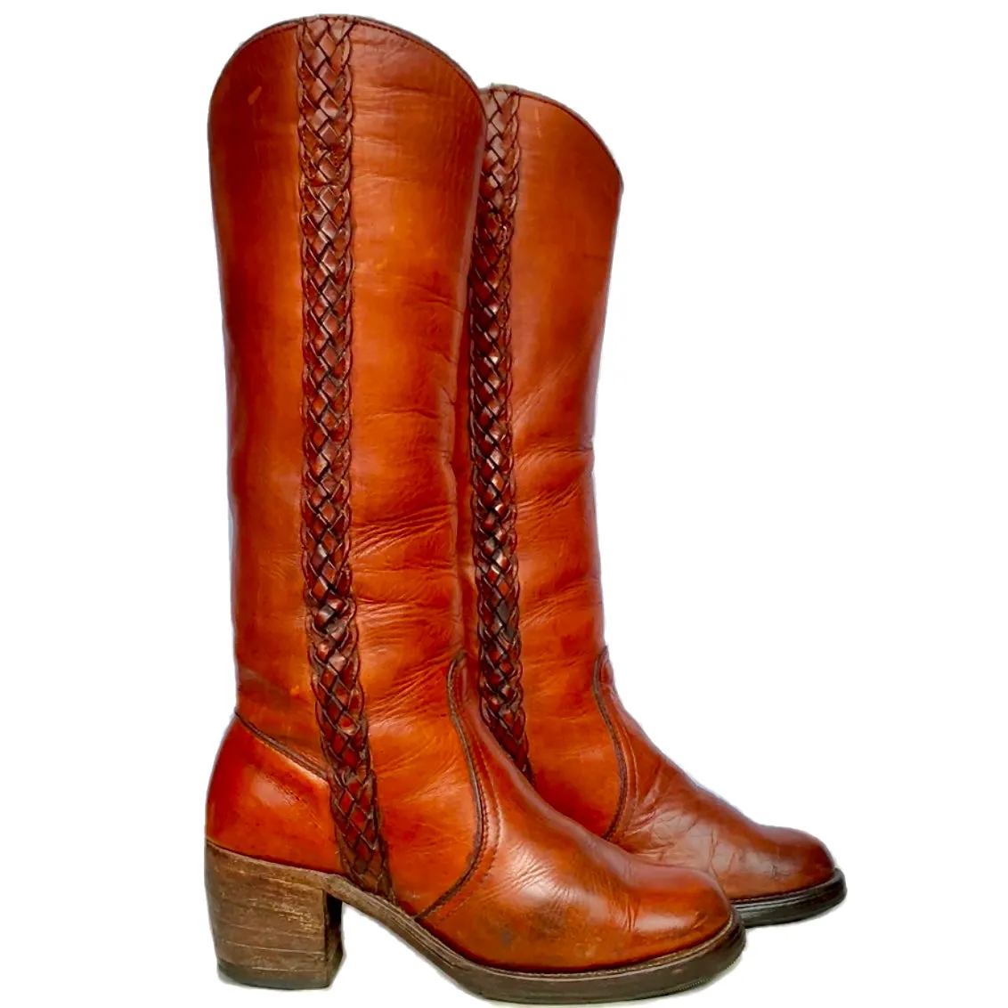 FRYE True Vintage Black Label Tall Knee High Braided Sabrina Campus Brown Boots