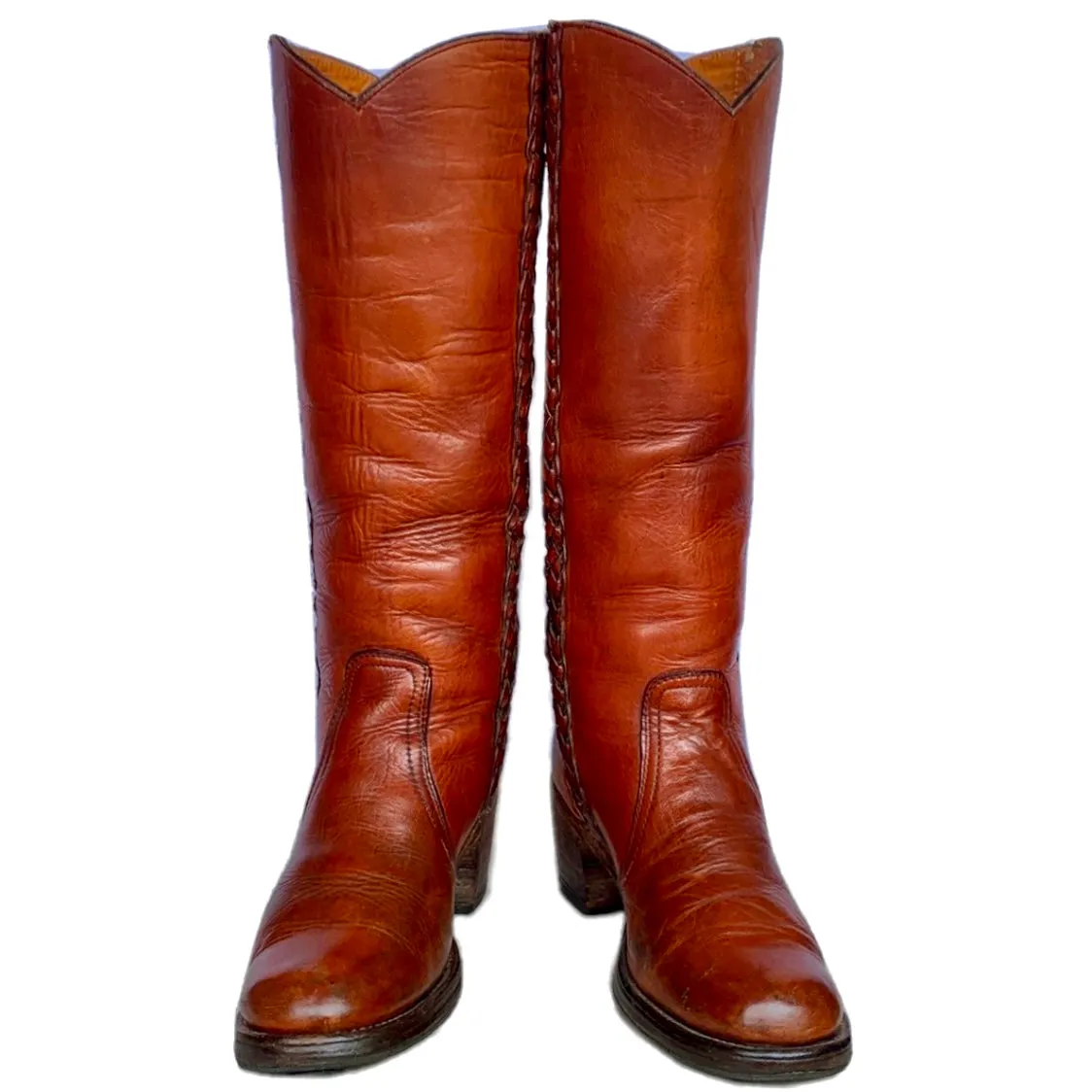 FRYE True Vintage Black Label Tall Knee High Braided Sabrina Campus Brown Boots