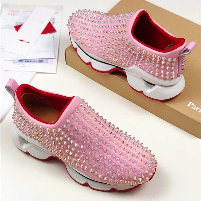 Genuine Leather Metal Rivets Studded Flat Shoe Women Trend Sneakers Women Casual Shoes Platform Trend Canvas Shoes