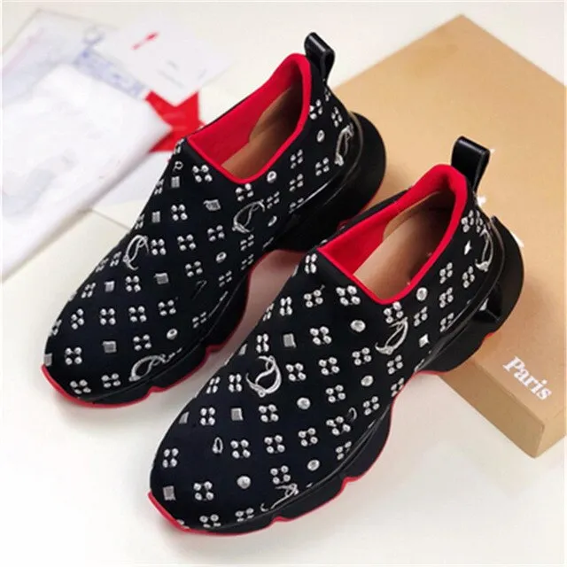 Genuine Leather Metal Rivets Studded Flat Shoe Women Trend Sneakers Women Casual Shoes Platform Trend Canvas Shoes