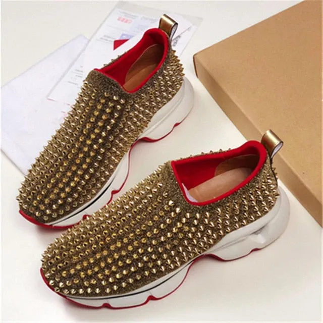 Genuine Leather Metal Rivets Studded Flat Shoe Women Trend Sneakers Women Casual Shoes Platform Trend Canvas Shoes