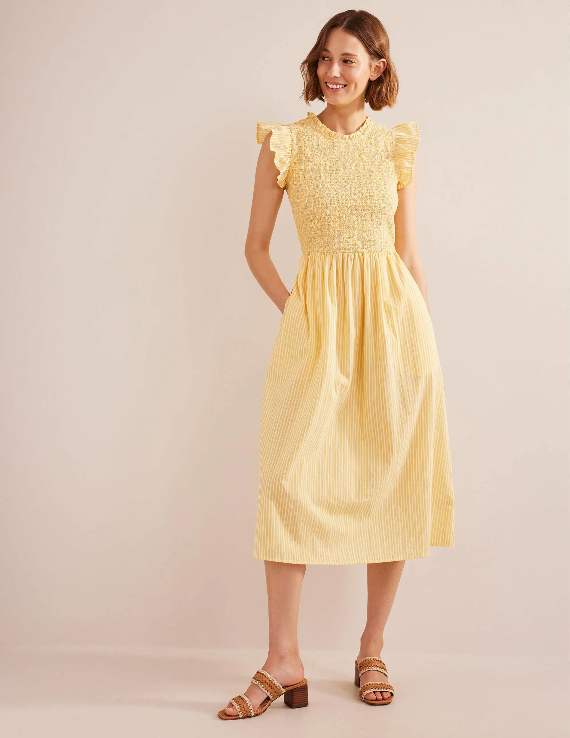 Gestreiftes Midikleid mit Smokdetail-Honiggelb, Gazegewebe/Gestreift