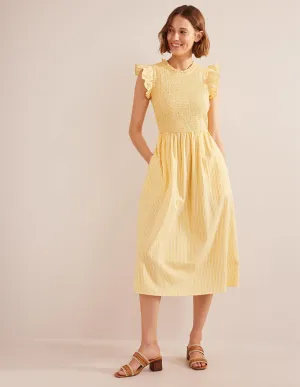 Gestreiftes Midikleid mit Smokdetail-Honiggelb, Gazegewebe/Gestreift