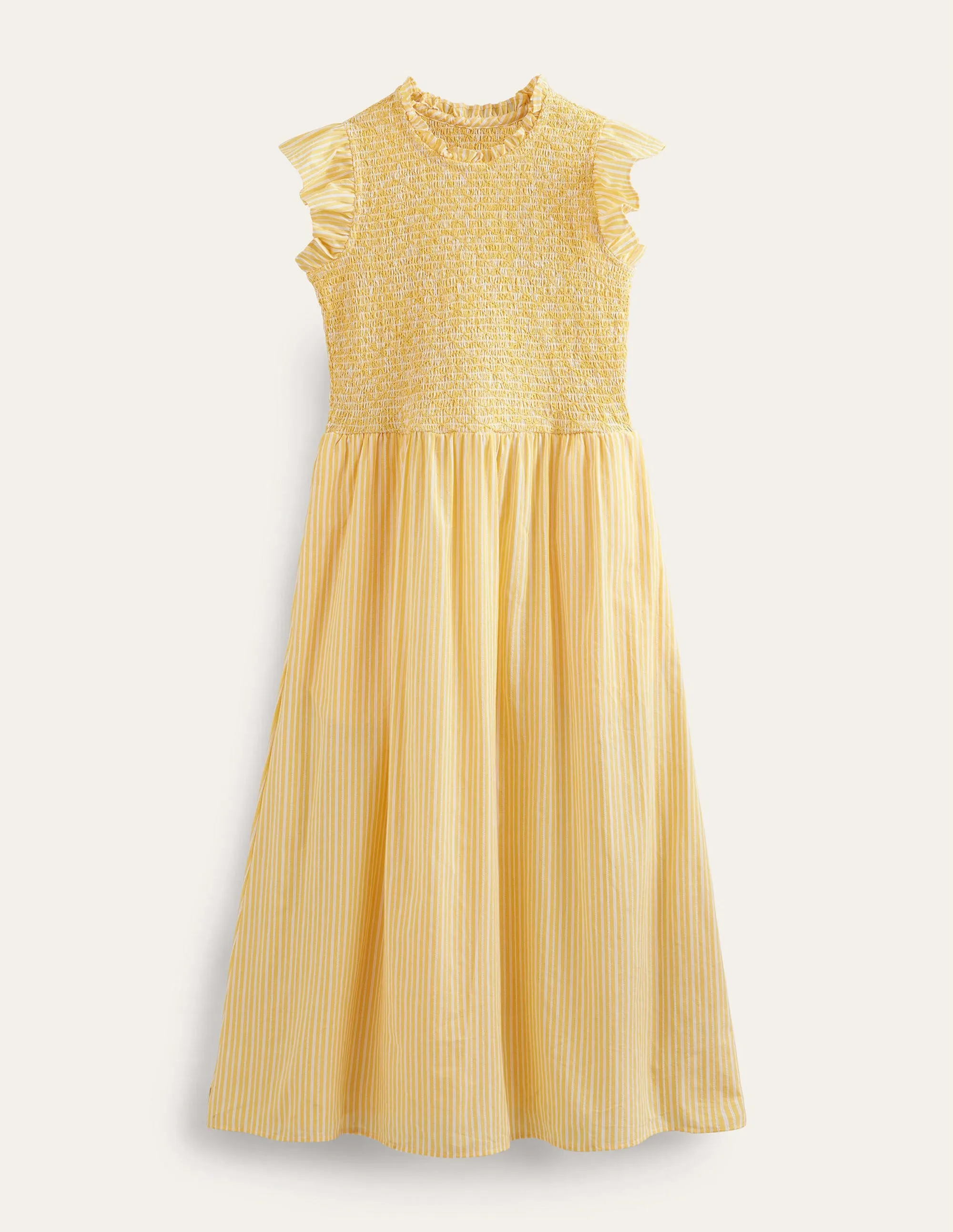 Gestreiftes Midikleid mit Smokdetail-Honiggelb, Gazegewebe/Gestreift