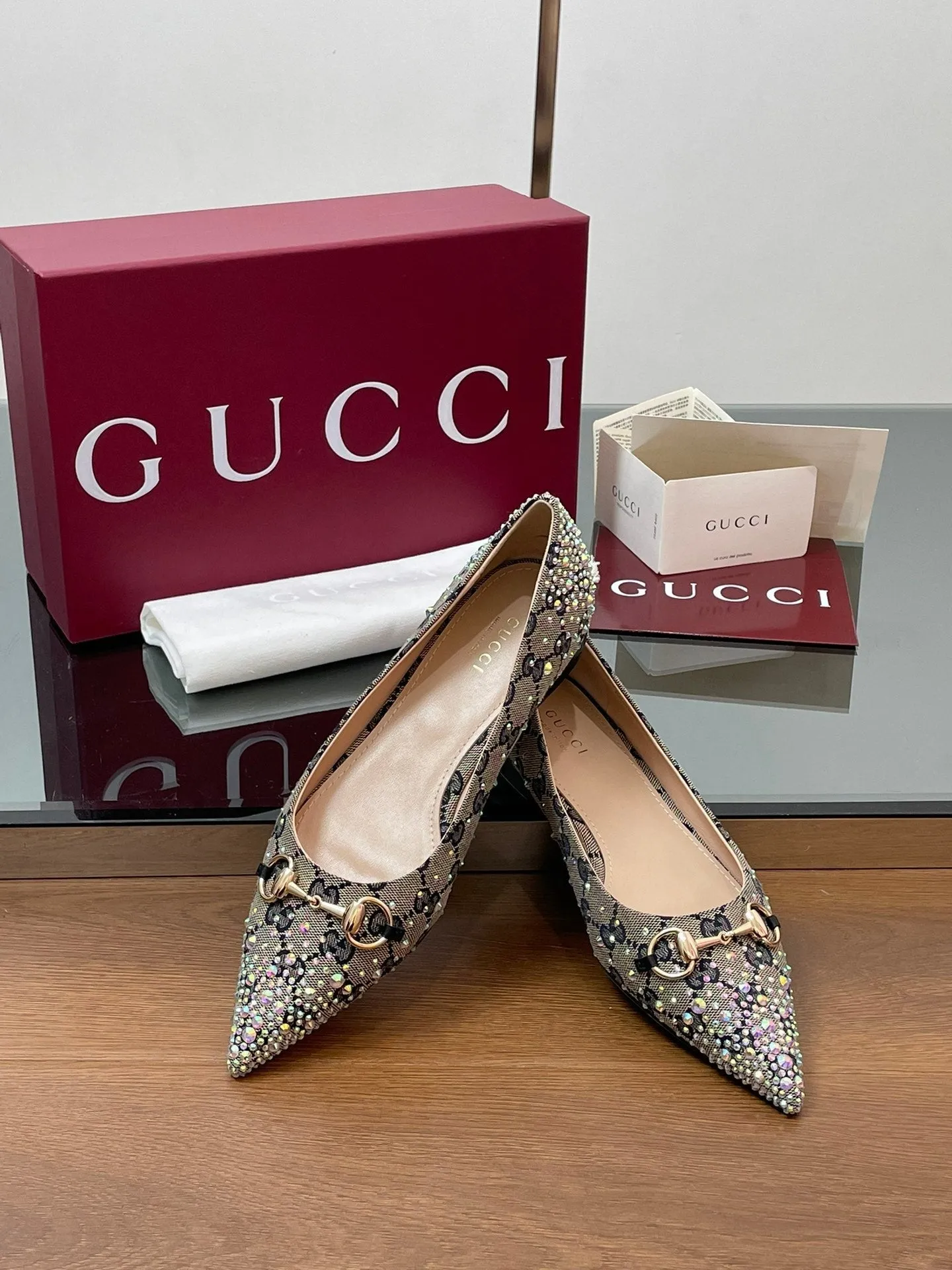 GG Horsebit Ballet Flat Beige Black Monogram Canvas Crystal-Embellished