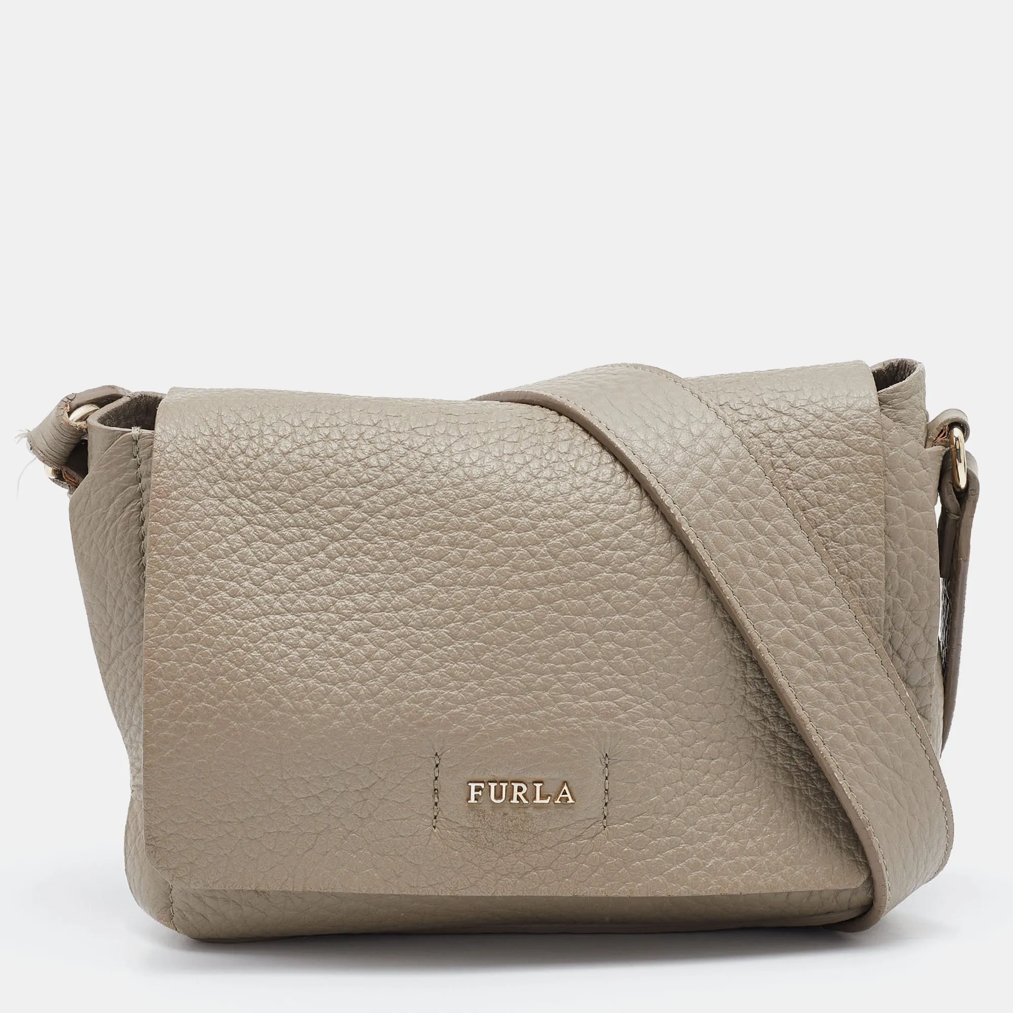Grey Leather Flap Crossbody Bag