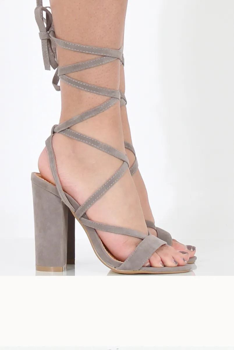 Grey Suede Lace Up Block Heels - Ruby