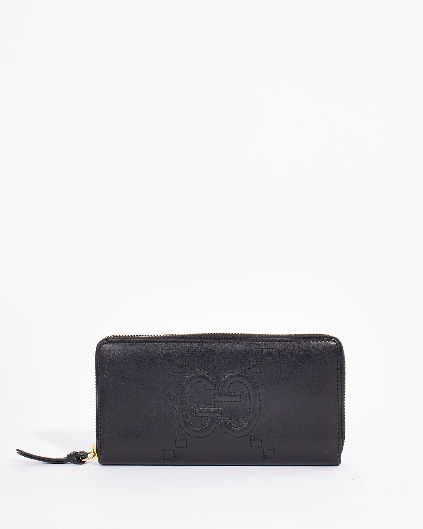 Gucci Black Calfskin GG Embossed Zip Around Wallet