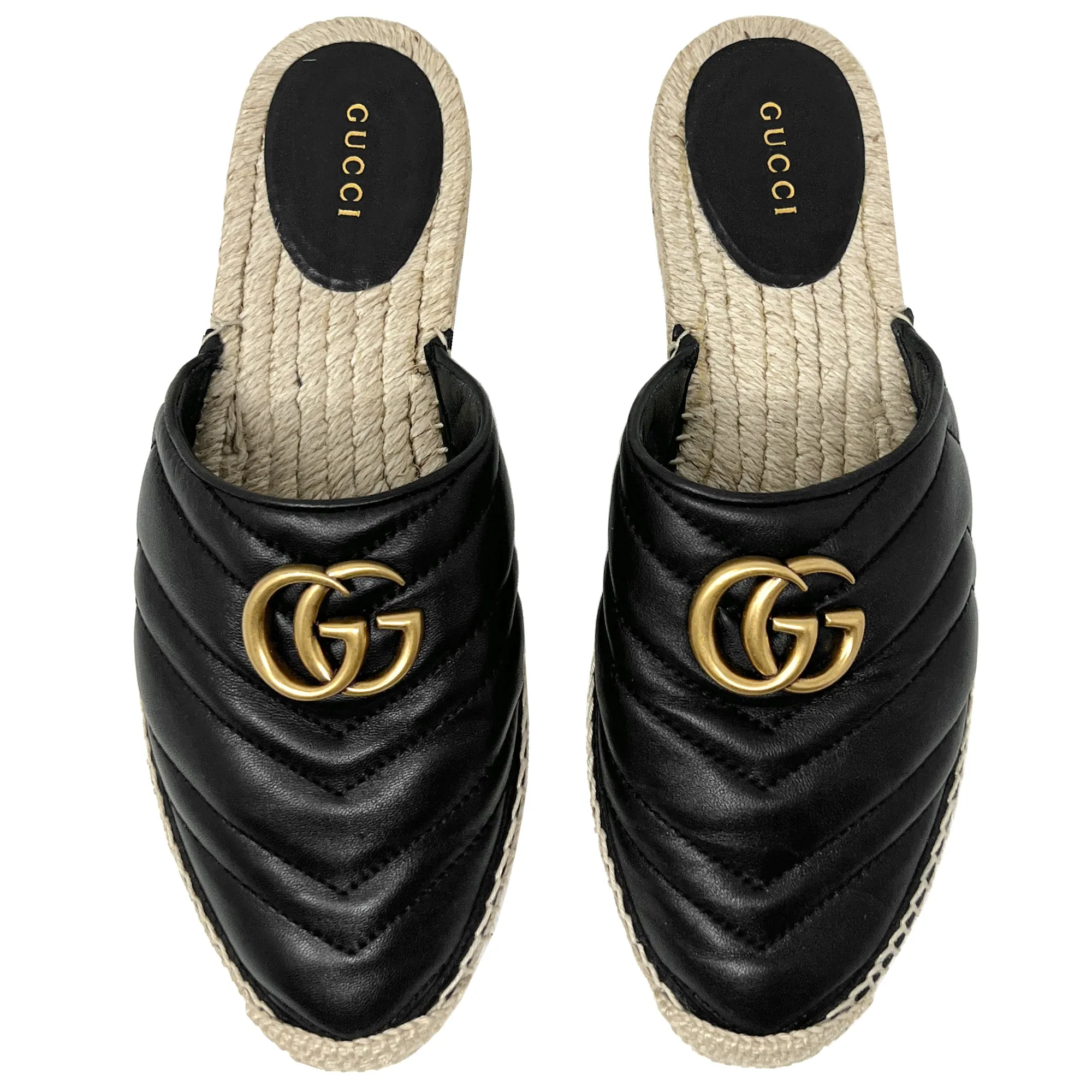 Gucci Marmont Black Chevron Quilted Black Leather Espadrilles Flats Mules