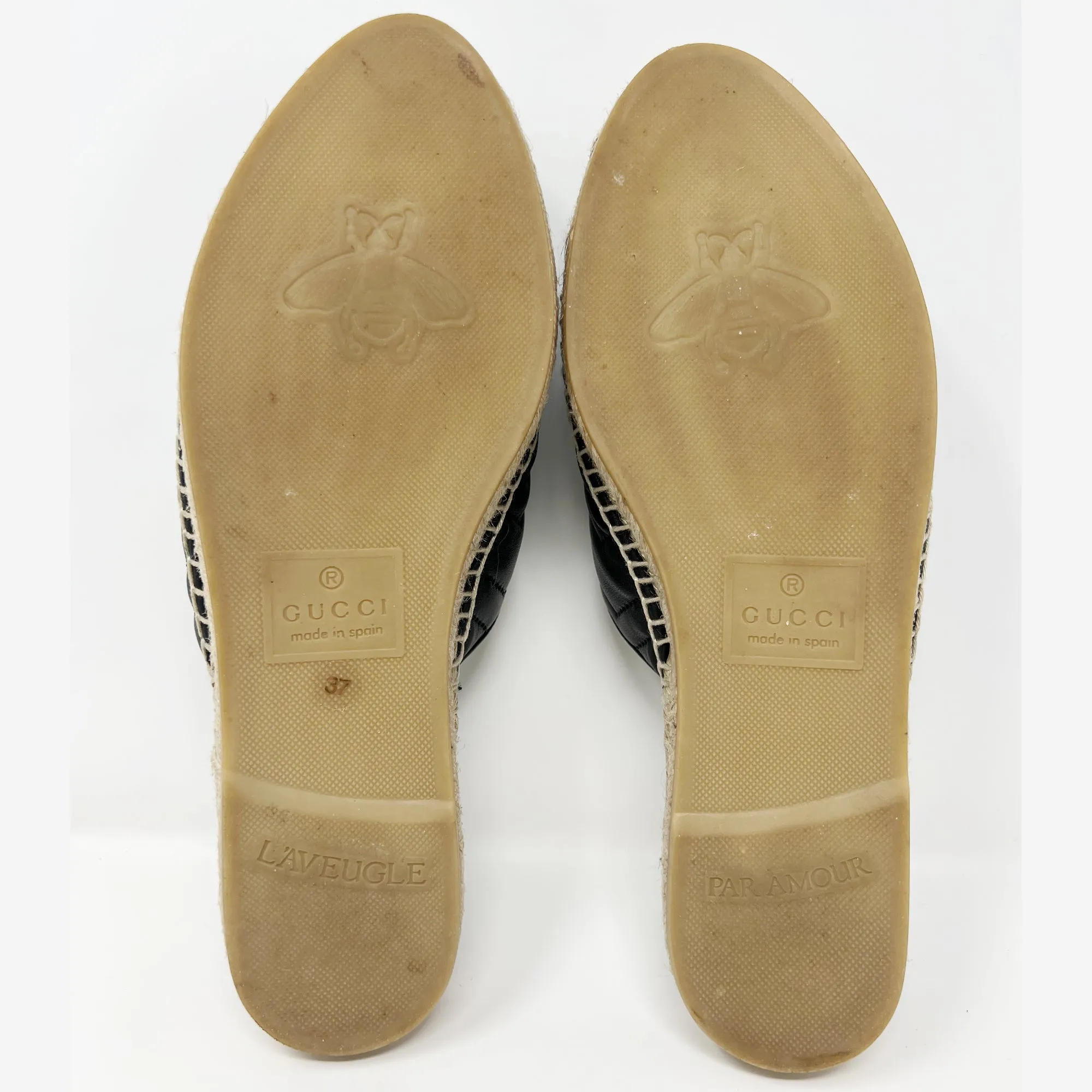 Gucci Marmont Black Chevron Quilted Black Leather Espadrilles Flats Mules