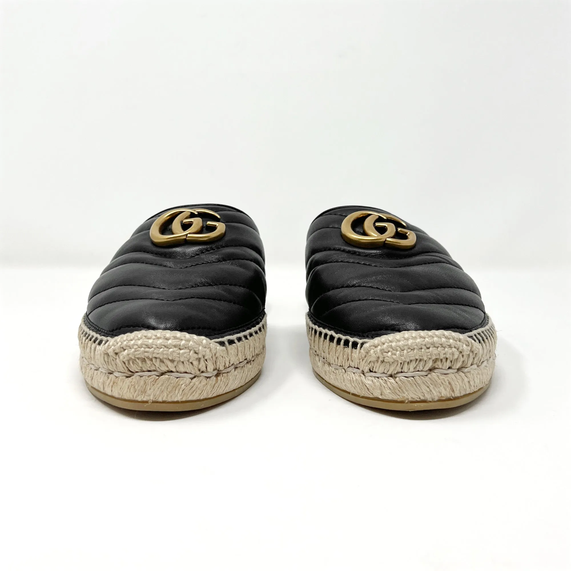 Gucci Marmont Black Chevron Quilted Black Leather Espadrilles Flats Mules