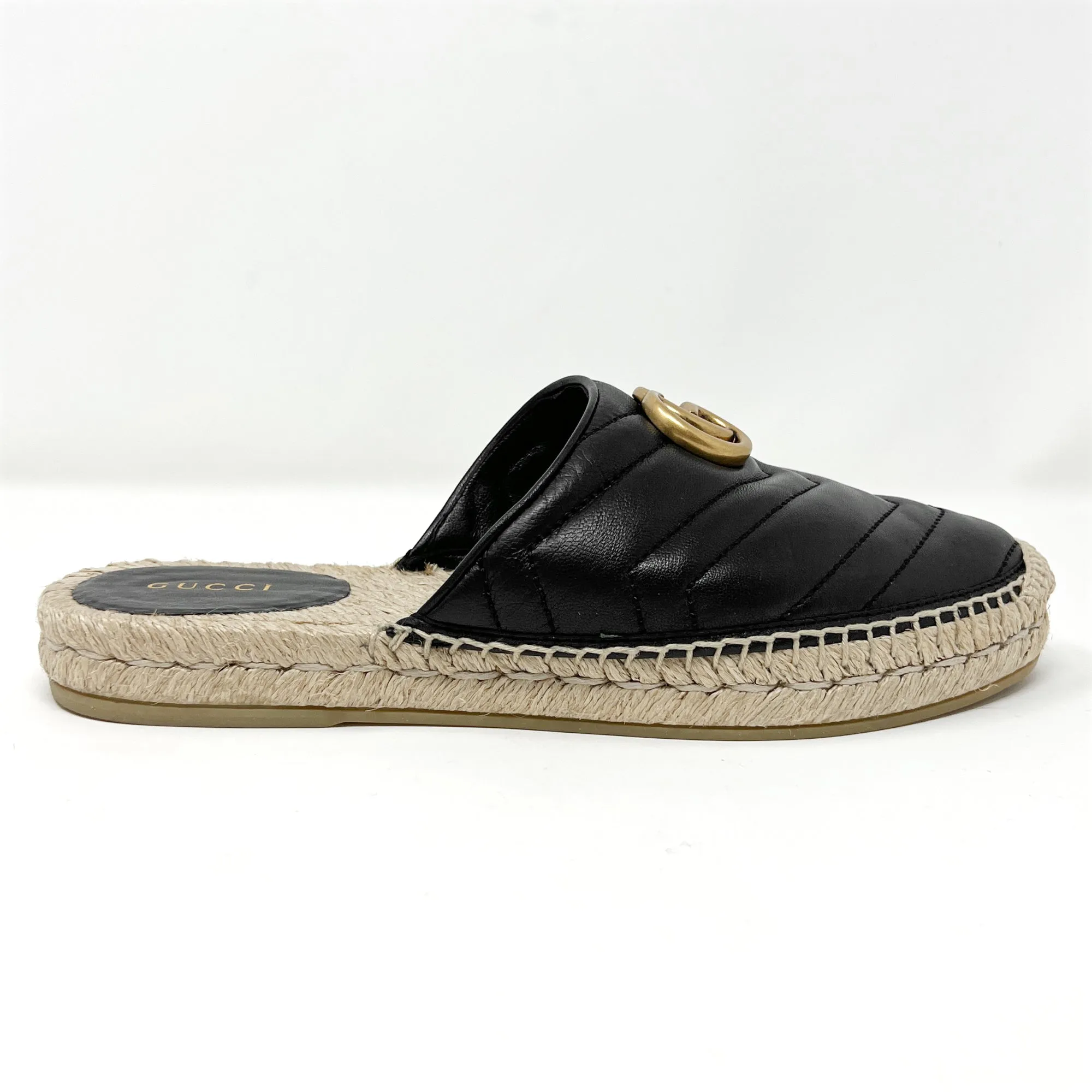 Gucci Marmont Black Chevron Quilted Black Leather Espadrilles Flats Mules