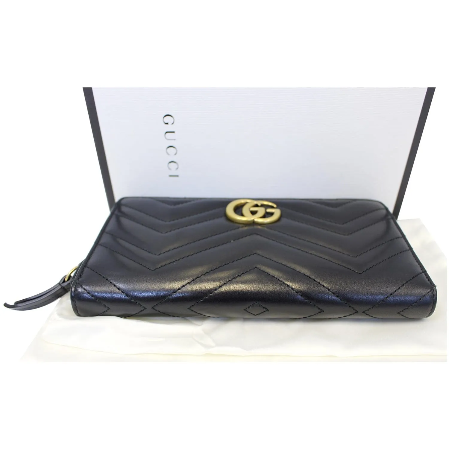 GUCCI Matelasse GG Marmont Zip Around Calfskin Wallet Black
