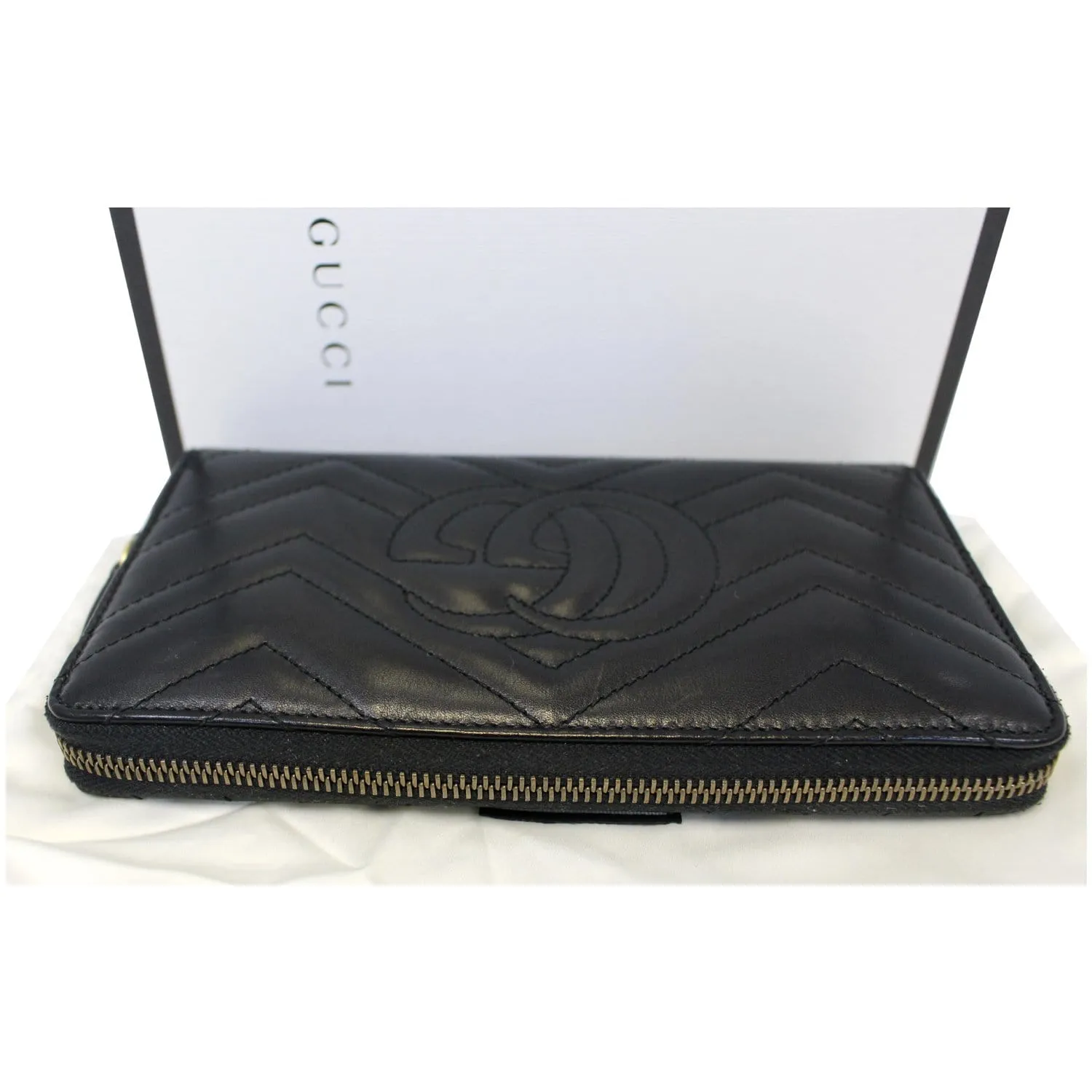 GUCCI Matelasse GG Marmont Zip Around Calfskin Wallet Black