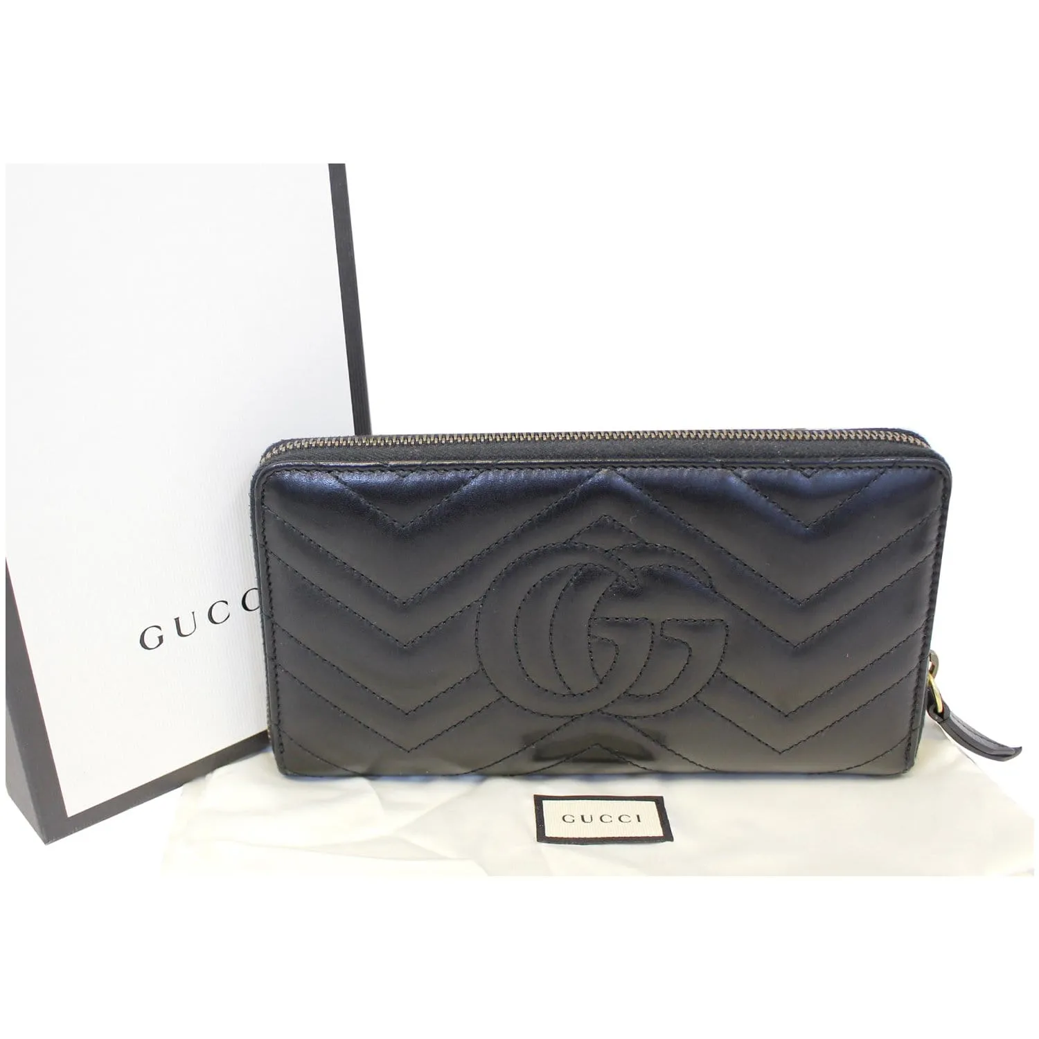 GUCCI Matelasse GG Marmont Zip Around Calfskin Wallet Black
