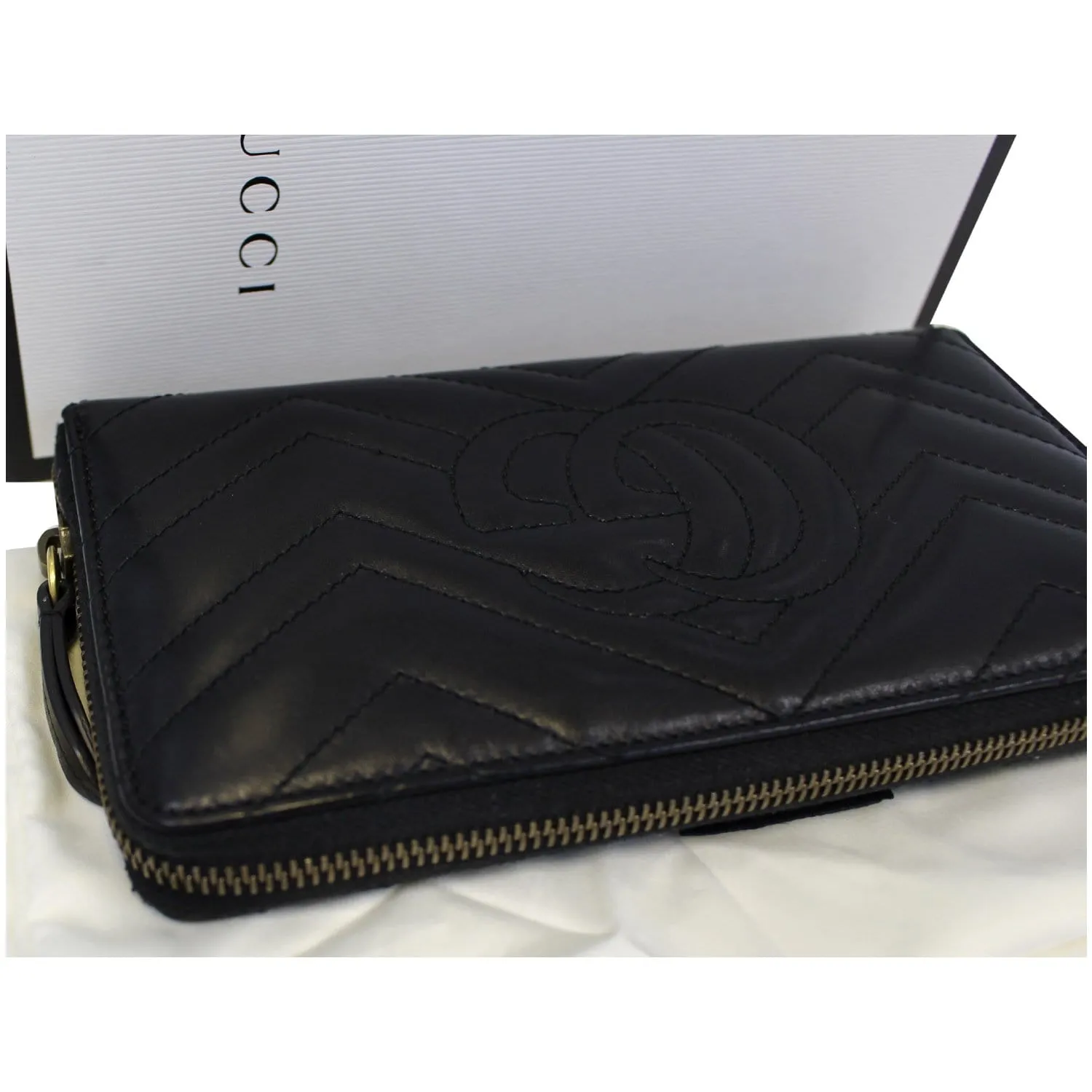 GUCCI Matelasse GG Marmont Zip Around Calfskin Wallet Black