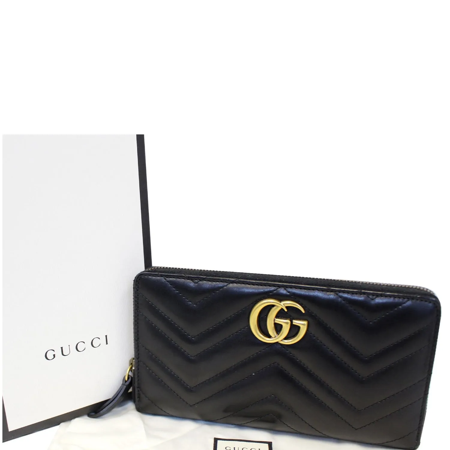 GUCCI Matelasse GG Marmont Zip Around Calfskin Wallet Black